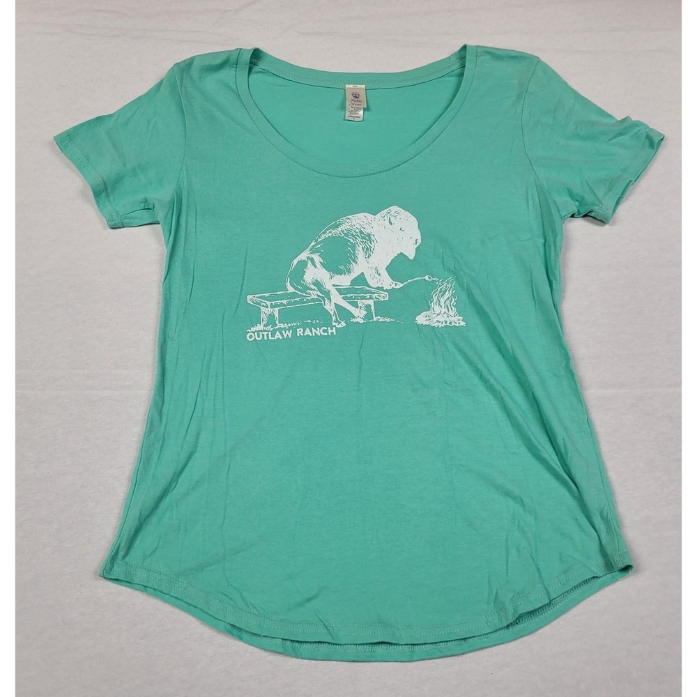 Noble Wear Mint Green "Outlaw Ranch" T-shirt Bison Sitting by Campfire Women's L